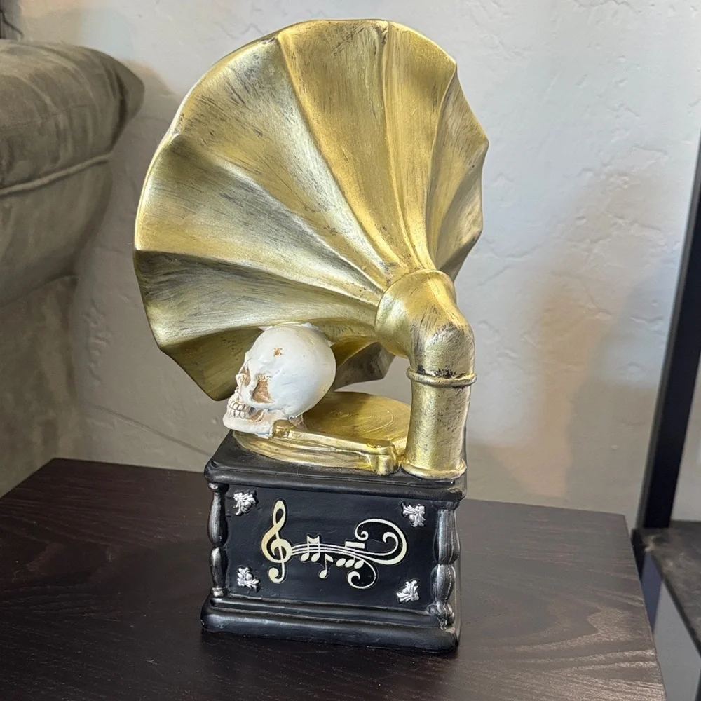 Vintage-Inspired Gold and Black Skull Phonograph Decor